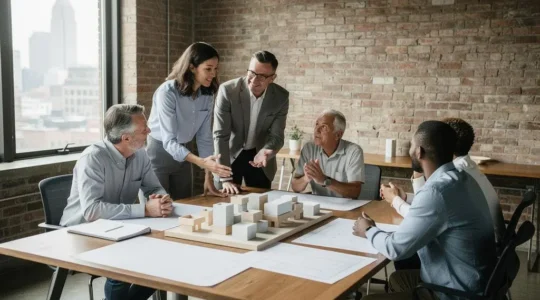 Small mixed-generation team of professionals collaborating around a table in a bright open-plan office, symbolizing agile teamwork in a non-software SME