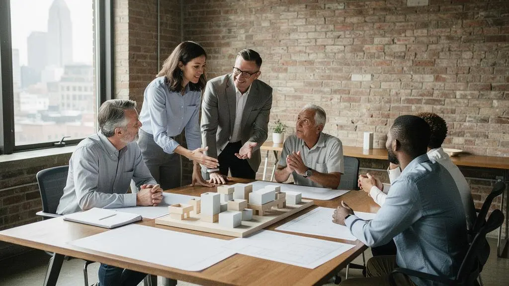 Small mixed-generation team of professionals collaborating around a table in a bright open-plan office, symbolizing agile teamwork in a non-software SME