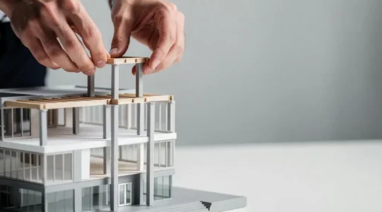 An architect's hands carefully placing a miniature structural piece onto a scale model of a building, symbolizing the careful construction of a startup's financial plan