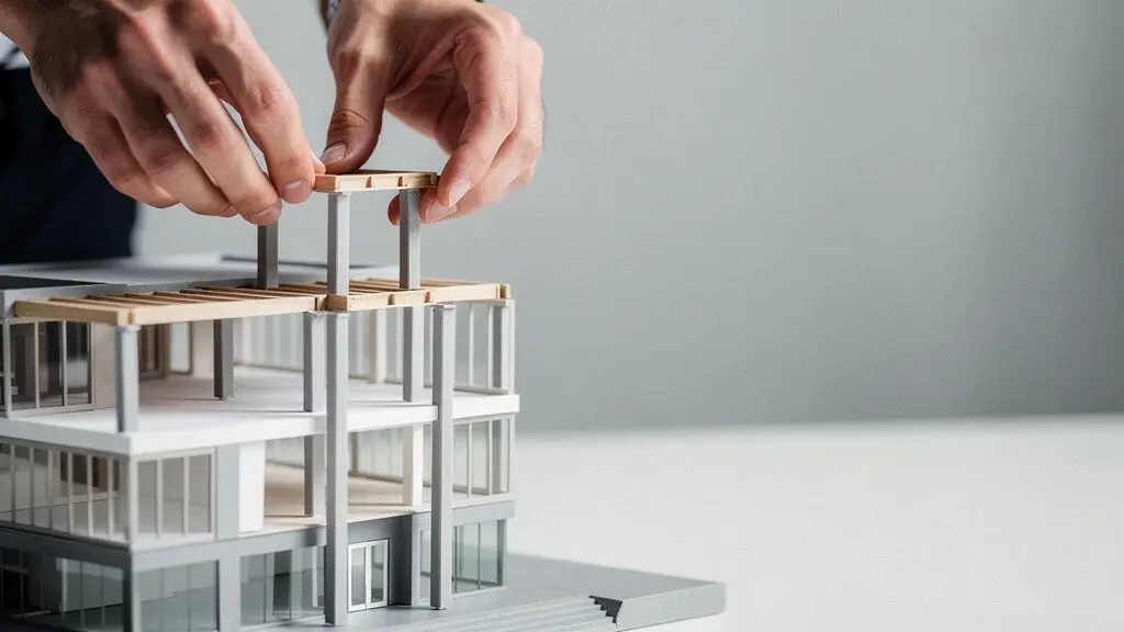 An architect's hands carefully placing a miniature structural piece onto a scale model of a building, symbolizing the careful construction of a startup's financial plan