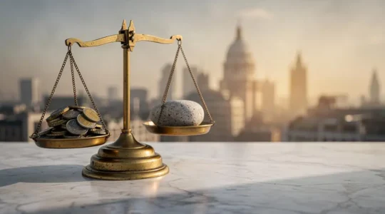 A vintage brass balance scale resting on a marble surface with a softly blurred London financial district skyline in the background, symbolizing the analysis of a UK company's balance sheet to find undervalued value.