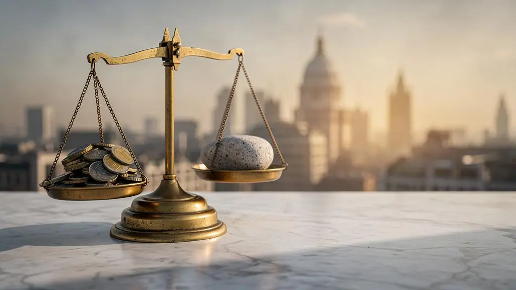 A vintage brass balance scale resting on a marble surface with a softly blurred London financial district skyline in the background, symbolizing the analysis of a UK company's balance sheet to find undervalued value.