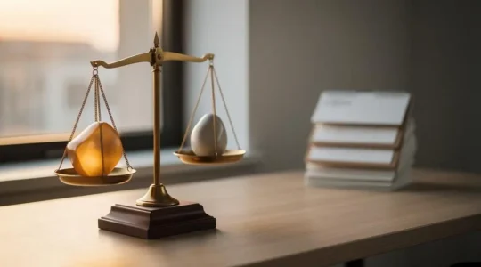 A finely balanced scale made of abstract geometric shapes representing stocks and bonds, set on a minimalist desk bathed in warm late-afternoon light, symbolizing portfolio rebalancing at tax year end