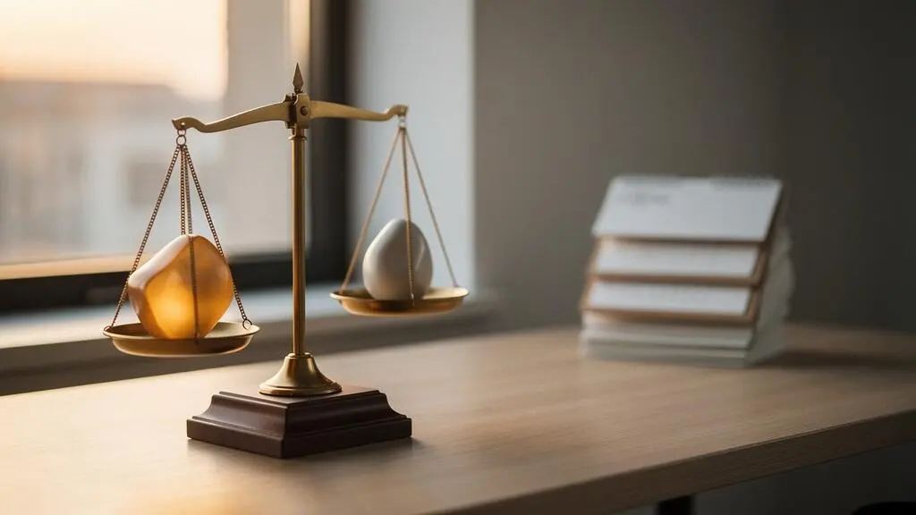 A finely balanced scale made of abstract geometric shapes representing stocks and bonds, set on a minimalist desk bathed in warm late-afternoon light, symbolizing portfolio rebalancing at tax year end