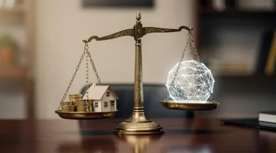 A symbolic balance between traditional real estate wealth and a small digital asset allocation, representing prudent portfolio diversification