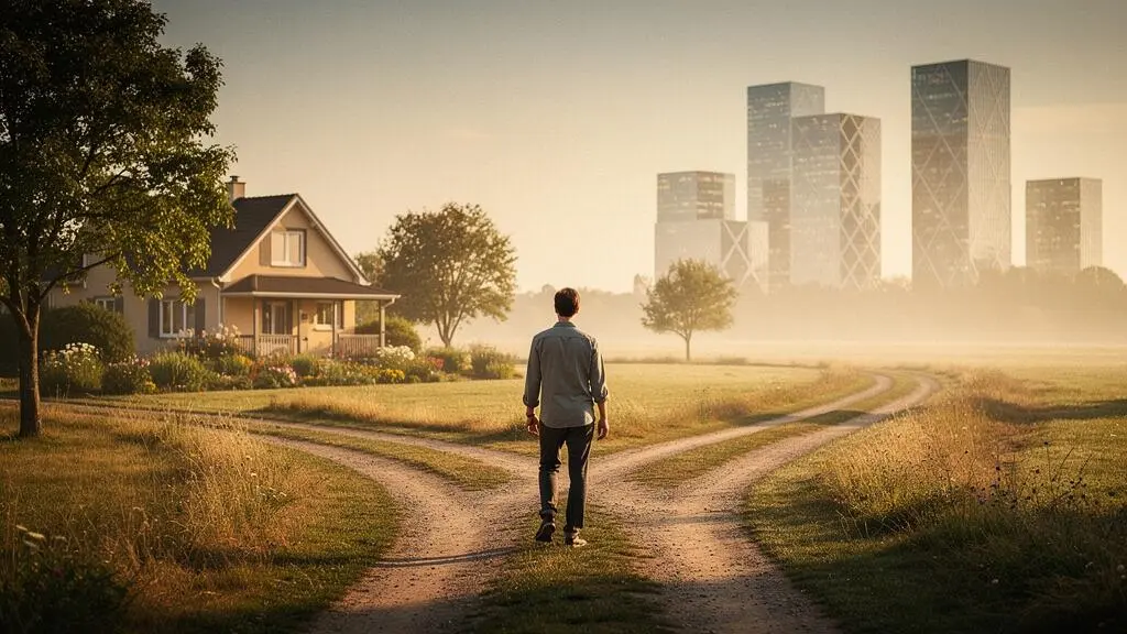 A person standing at a quiet crossroads path in golden light, symbolizing the personal journey of defining investment goals beyond simple monetary wealth