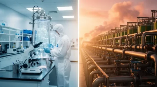 Split editorial composition symbolizing the convergence of biotechnology and green hydrogen industries racing toward trillion-dollar scale