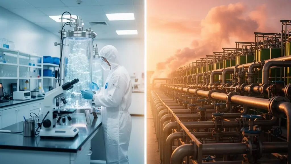 Split editorial composition symbolizing the convergence of biotechnology and green hydrogen industries racing toward trillion-dollar scale