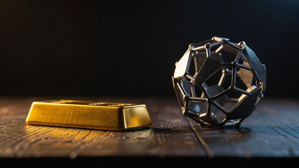 A solid gold bar and an abstract metallic sculpture symbolizing the contrast between physical and digital stores of value since 2020