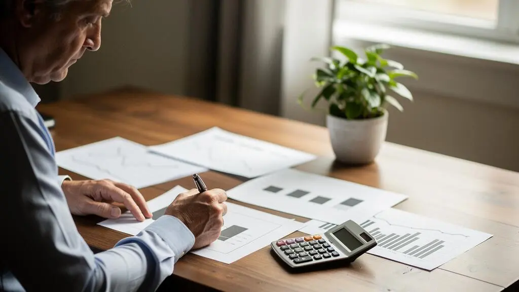 A person reviewing retirement savings charts and calculations at a home desk, symbolizing the calculation of a financial independence number.