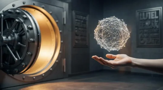 A split conceptual scene contrasting a traditional bank vault with a glowing decentralized network of light representing digital finance