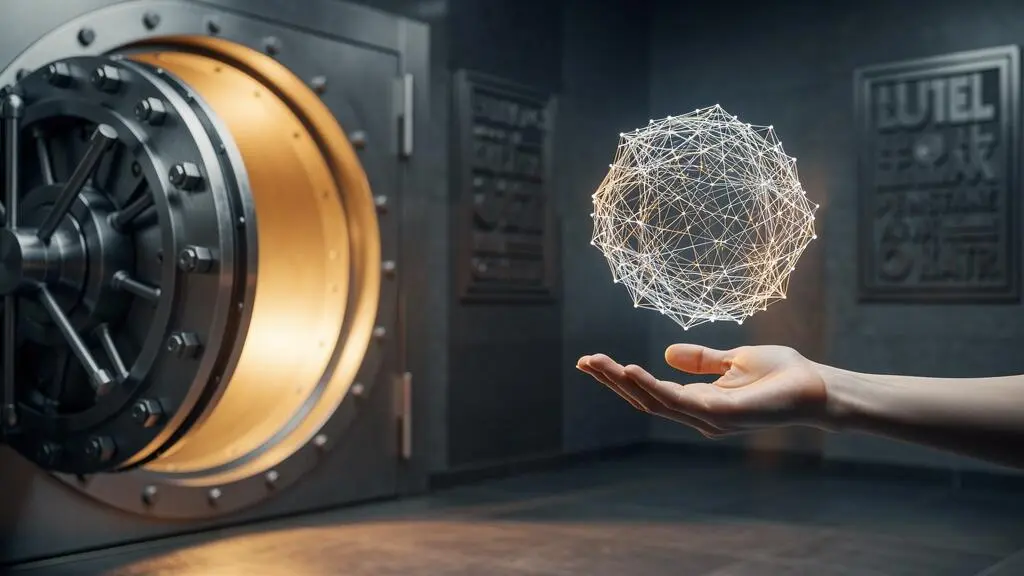 A split conceptual scene contrasting a traditional bank vault with a glowing decentralized network of light representing digital finance