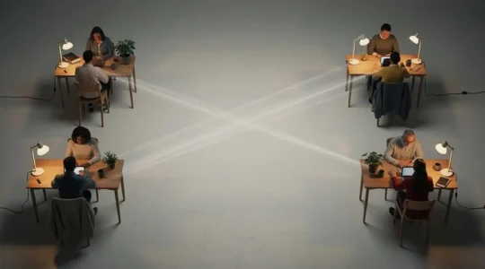 Symbolic overhead view representing a distributed UK team connected across distance while working remotely