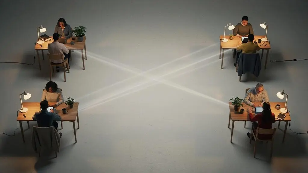 Symbolic overhead view representing a distributed UK team connected across distance while working remotely