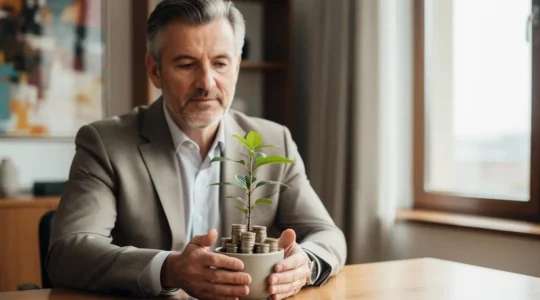 A contemplative mature investor examining the long-term health of a dividend-paying investment in soft natural light