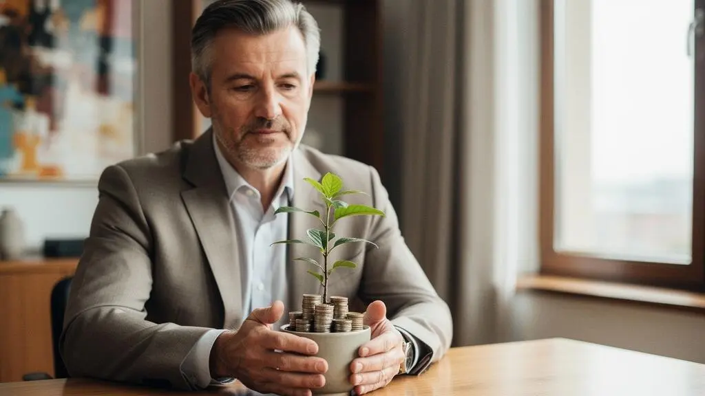 A contemplative mature investor examining the long-term health of a dividend-paying investment in soft natural light