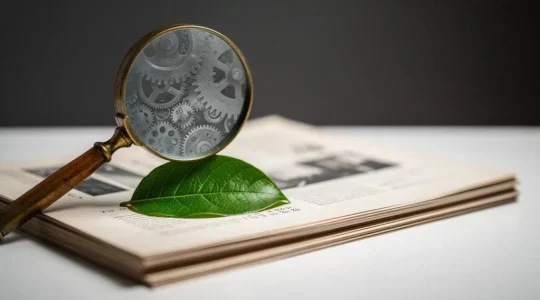 A magnifying glass held over a green leaf resting on financial documents, revealing hidden industrial gears underneath, symbolizing the scrutiny needed to detect greenwashing in ESG investment portfolios.
