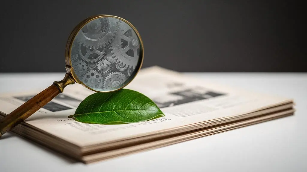 A magnifying glass held over a green leaf resting on financial documents, revealing hidden industrial gears underneath, symbolizing the scrutiny needed to detect greenwashing in ESG investment portfolios.