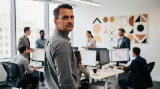 A business leader overseeing a growing office team, symbolizing the transition from a small startup to a scaling company