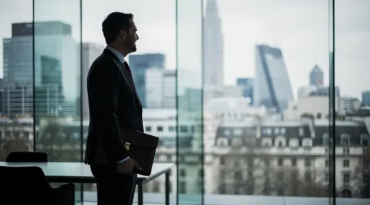 A solitary founder standing before a wall of glass overlooking the London financial skyline, symbolizing a cold pitch without warm introductions