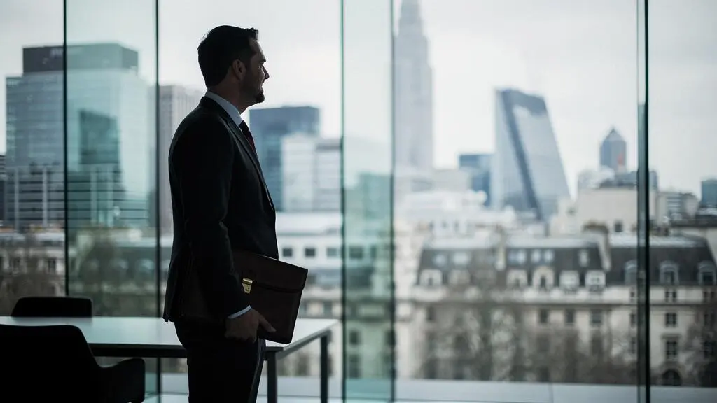 A solitary founder standing before a wall of glass overlooking the London financial skyline, symbolizing a cold pitch without warm introductions
