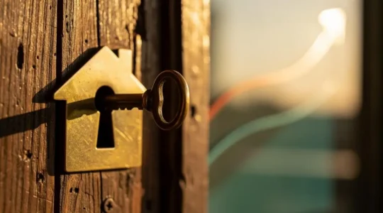 A brass key perfectly aligning with a house-shaped keyhole, symbolizing product-market fit in finance and real estate