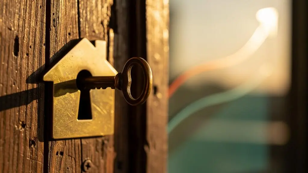 A brass key perfectly aligning with a house-shaped keyhole, symbolizing product-market fit in finance and real estate
