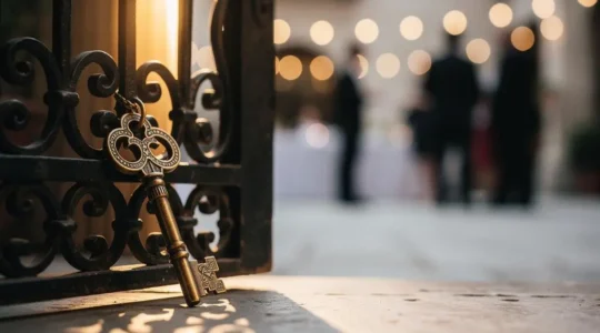 A symbolic golden key unlocking an ornate gate, representing exclusive access granted by utility NFTs