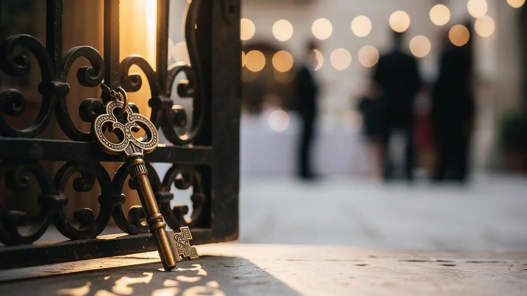 A symbolic golden key unlocking an ornate gate, representing exclusive access granted by utility NFTs