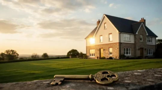 A symbolic editorial photograph representing life insurance protecting a family estate from inheritance tax, featuring a warm family home and a protective light beam at golden hour