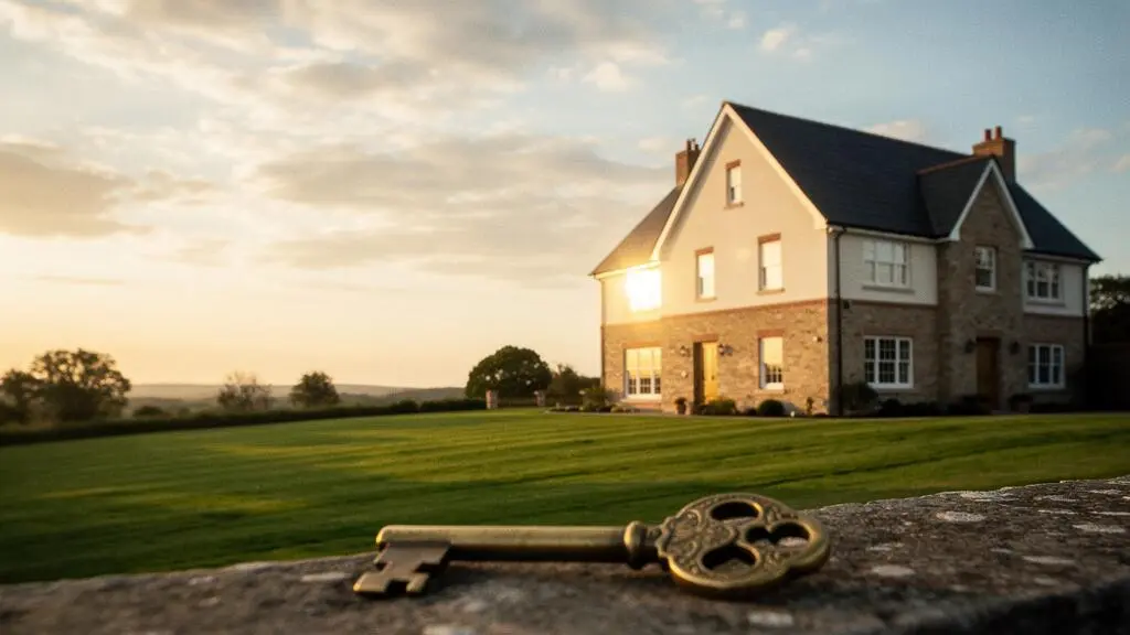 A symbolic editorial photograph representing life insurance protecting a family estate from inheritance tax, featuring a warm family home and a protective light beam at golden hour