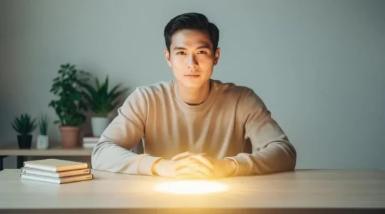 A professional at a minimalist desk with warm light symbolizing knowledge transforming into growth, representing expertise monetization through newsletters and courses