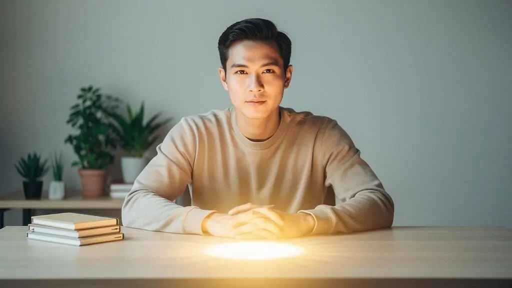 A professional at a minimalist desk with warm light symbolizing knowledge transforming into growth, representing expertise monetization through newsletters and courses