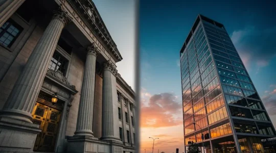 Split visual metaphor of a modern glass tower and an old stone bank facade standing side by side at dusk, symbolizing the competition between neobanks and incumbent banks.