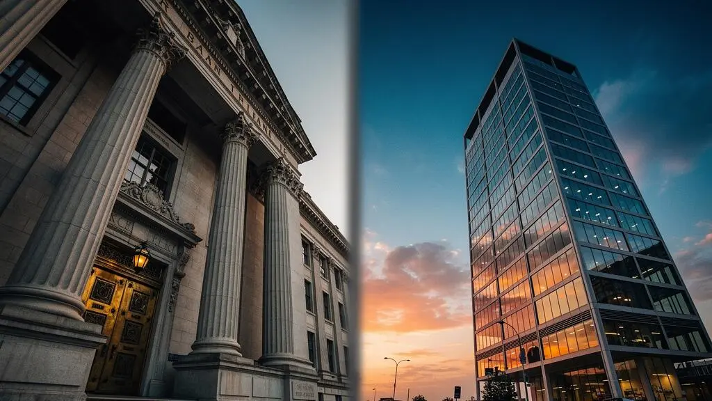 Split visual metaphor of a modern glass tower and an old stone bank facade standing side by side at dusk, symbolizing the competition between neobanks and incumbent banks.