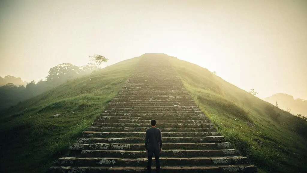 A solitary figure standing at the base of a vast stone staircase ascending into golden morning light, symbolizing the long-term journey from zero to a million in net worth.