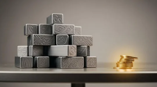 Editorial photograph of a small stack of coins precariously balanced beside a much larger stable stack, symbolizing a high-risk asset allocation within a diversified portfolio