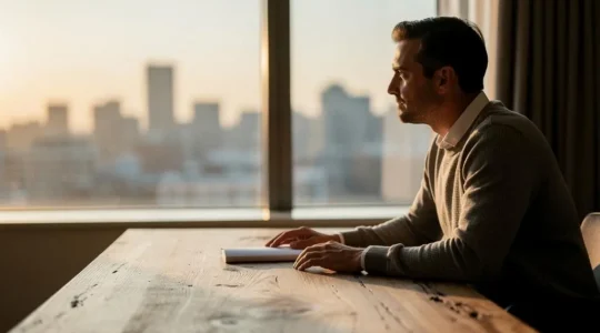 A trader sitting calmly at a minimalist desk at dawn, symbolizing discipline and process over immediate profit