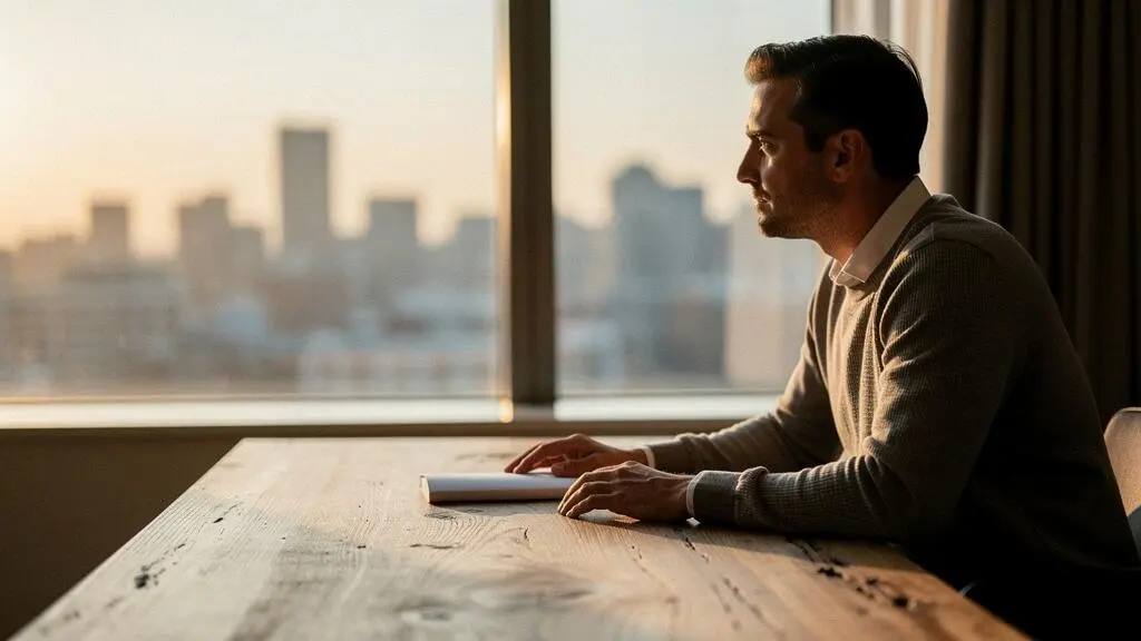 A trader sitting calmly at a minimalist desk at dawn, symbolizing discipline and process over immediate profit