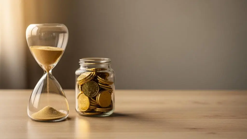 Symbolic still life of an hourglass beside a jar of gold coins representing the race to maximize pension tax savings before age 60