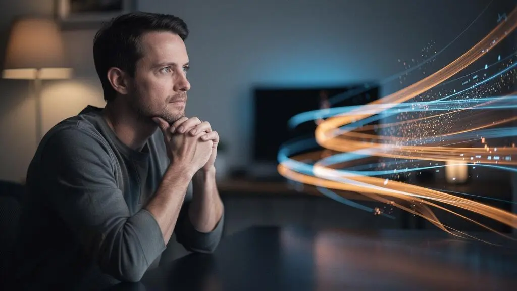 A contemplative investor studying abstract, glowing data visualizations that represent institutional capital flows at dusk