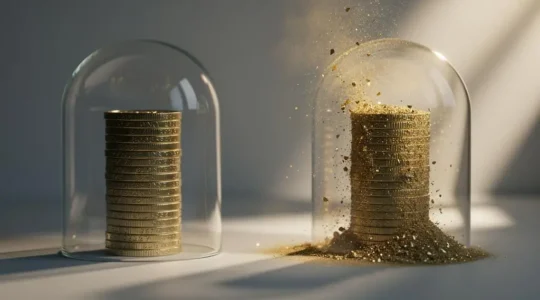 A stack of coins partially dissolving into golden dust under a protective glass dome, symbolizing savings shielded from inflation.