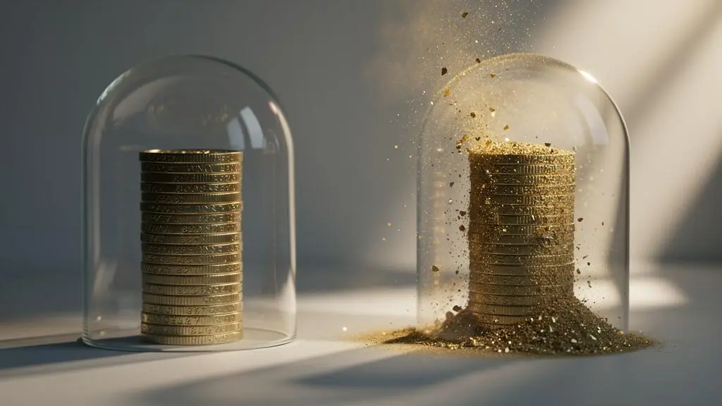 A stack of coins partially dissolving into golden dust under a protective glass dome, symbolizing savings shielded from inflation.