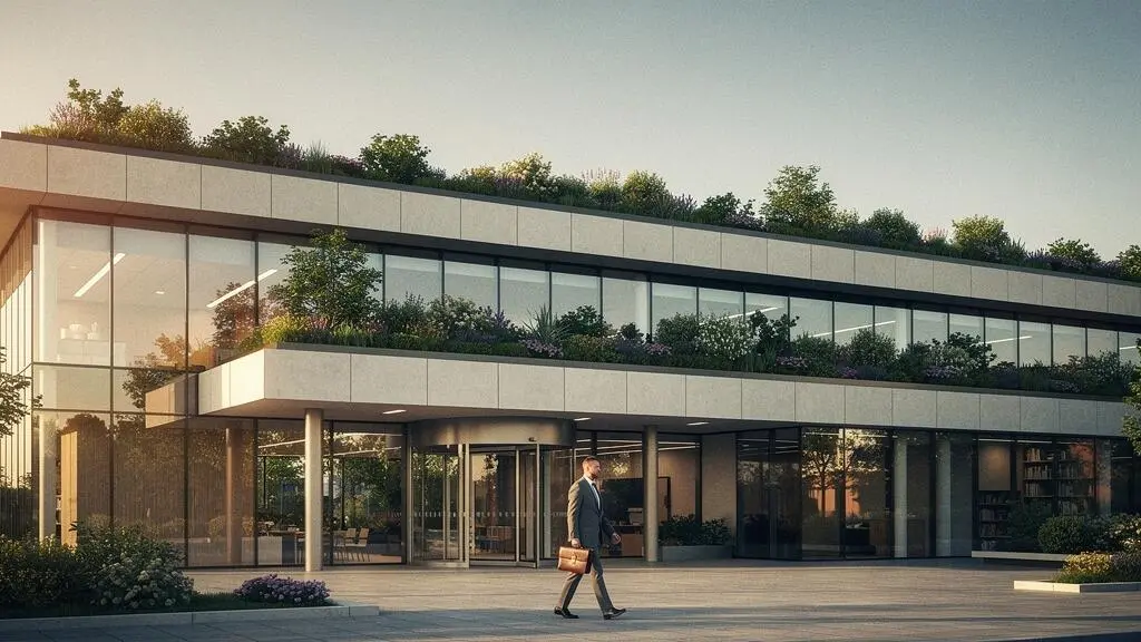 Contemporary UK commercial office building bathed in golden light, symbolizing long-term tax-free pension property investment