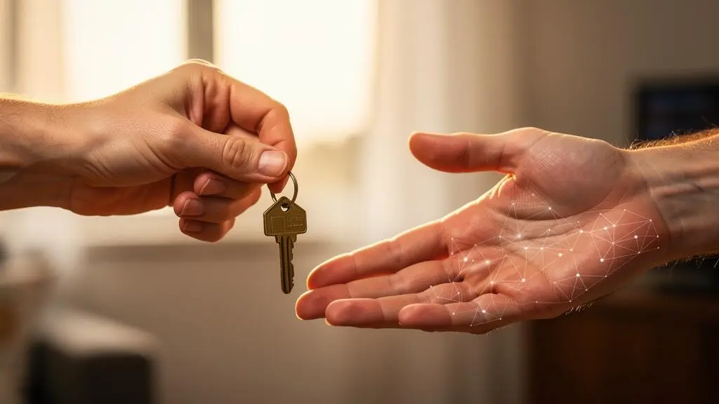 Close-up of two hands exchanging a brass house key with faint digital light patterns symbolizing the shift from traditional to blockchain-based escrow