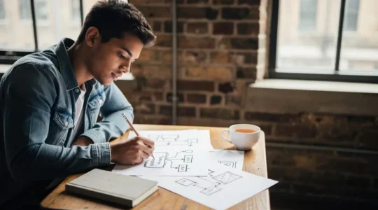 A UK entrepreneur sketching an app concept on paper at a minimalist workspace, symbolizing zero-budget idea validation
