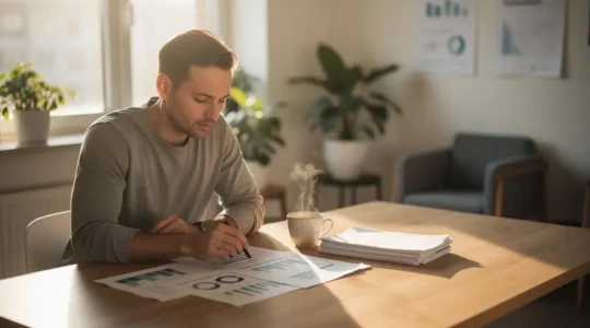 A startup founder reviewing financial charts in a minimalist office at dawn, symbolizing careful cash management without layoffs