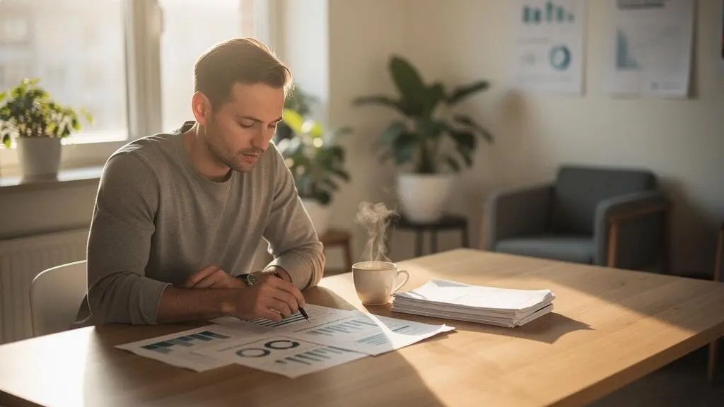 A startup founder reviewing financial charts in a minimalist office at dawn, symbolizing careful cash management without layoffs