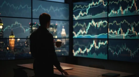 A trader analyzing multiple glowing financial charts on separate screens in a dim office, representing the search for crypto price discrepancies across global exchanges