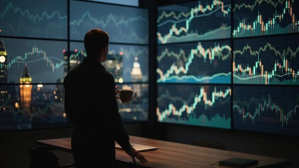 A trader analyzing multiple glowing financial charts on separate screens in a dim office, representing the search for crypto price discrepancies across global exchanges